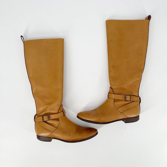 Etro Leather Knee‎ High Riding Boots  US8 EU38 Camel Brown Buckle Strap Side Zip - Picture 1 of 14
